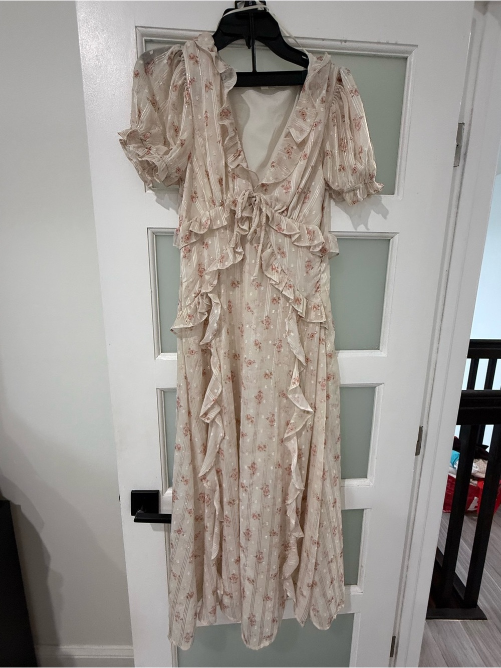 Storia Cream Maxi Dress with Pink Floral Ruffle Details